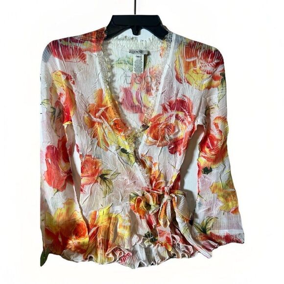 Vintage Y2K Cache Wrap Bell Sleeve Floral Lace Long Sleeve Fairy Core Top XS - Picture 1 of 8